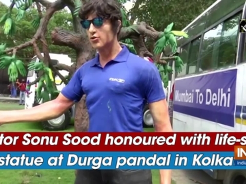 Actor Sonu Sood honoured with life-size statue at Durga pandal in Kolkata