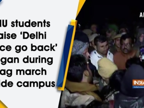 JNU students raise 'Delhi Police go back' slogan during flag march inside campus