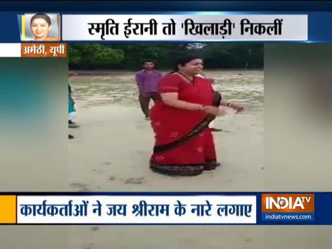 Smriti Irani plays volleyball with party workers in Amethi