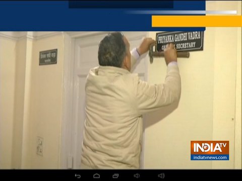 Nameplate of Priyanka Gandhi put up outside room allotted to her at Congress Headquarters