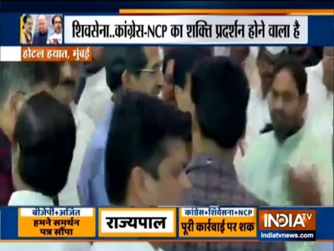 Mumbai: Shiv Sena-NCP-Congress MLAs assemble at Hotel Grand Hyatt.