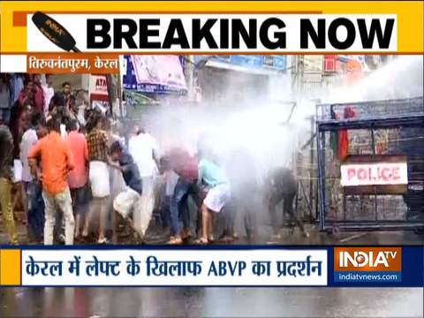 Police use water cannons on protesting ABVP workers in Kerala's Thiruvananthapuram