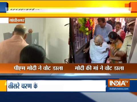 Lok Sabha election 2019: PM Narendra Modi's mother casts her vote at a polling station in Raisan, Ahmedabad