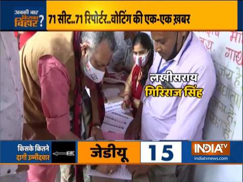 Bihar Election 2020: Union Minister Giriraj Singh casts his vote at a polling booth in Lakhisarai